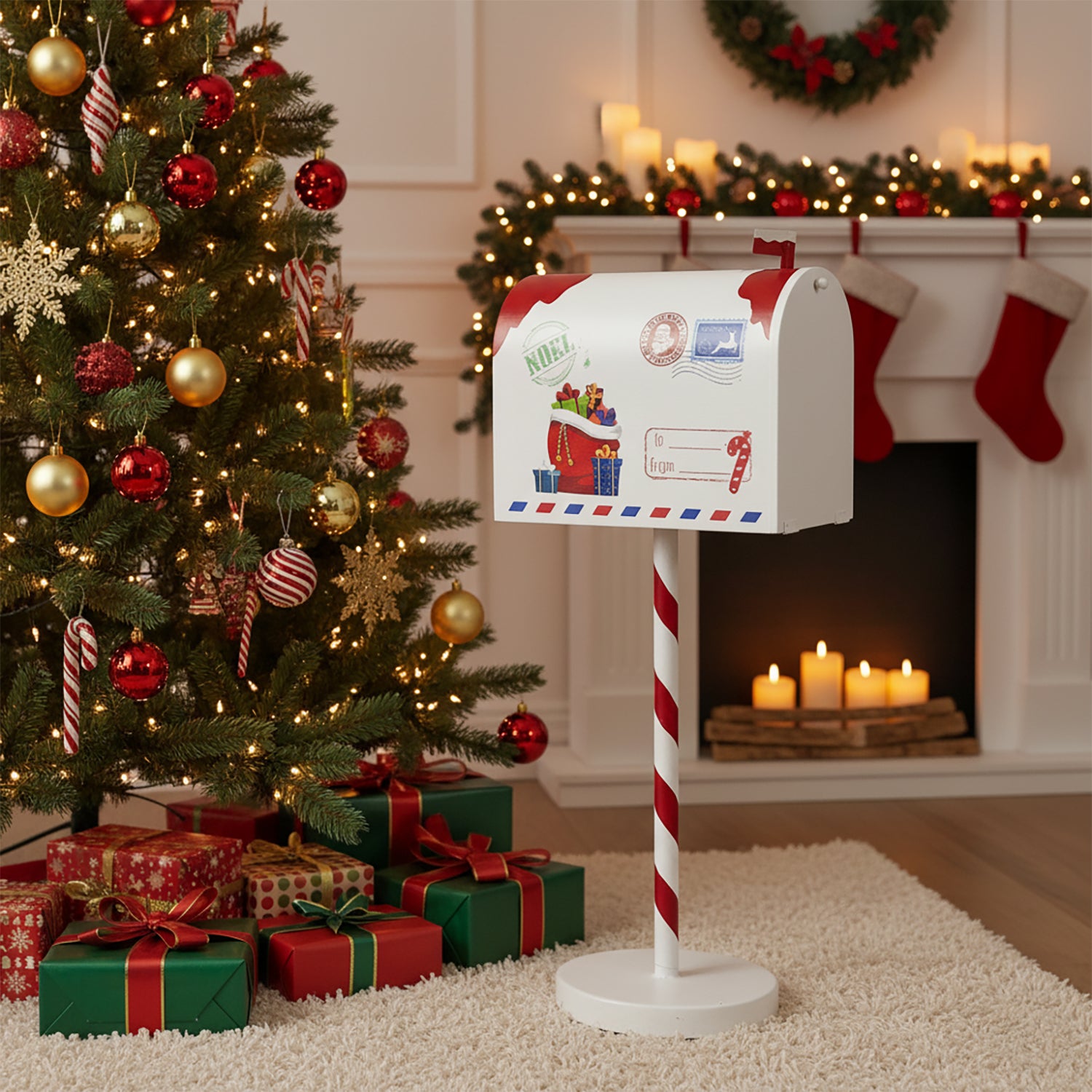 VESTIAMO CASA GRAN NATALE - Cassetta Postale Natalizia in metallo Noël Rossa e Bianca h50,5/49x22x10,5 cm